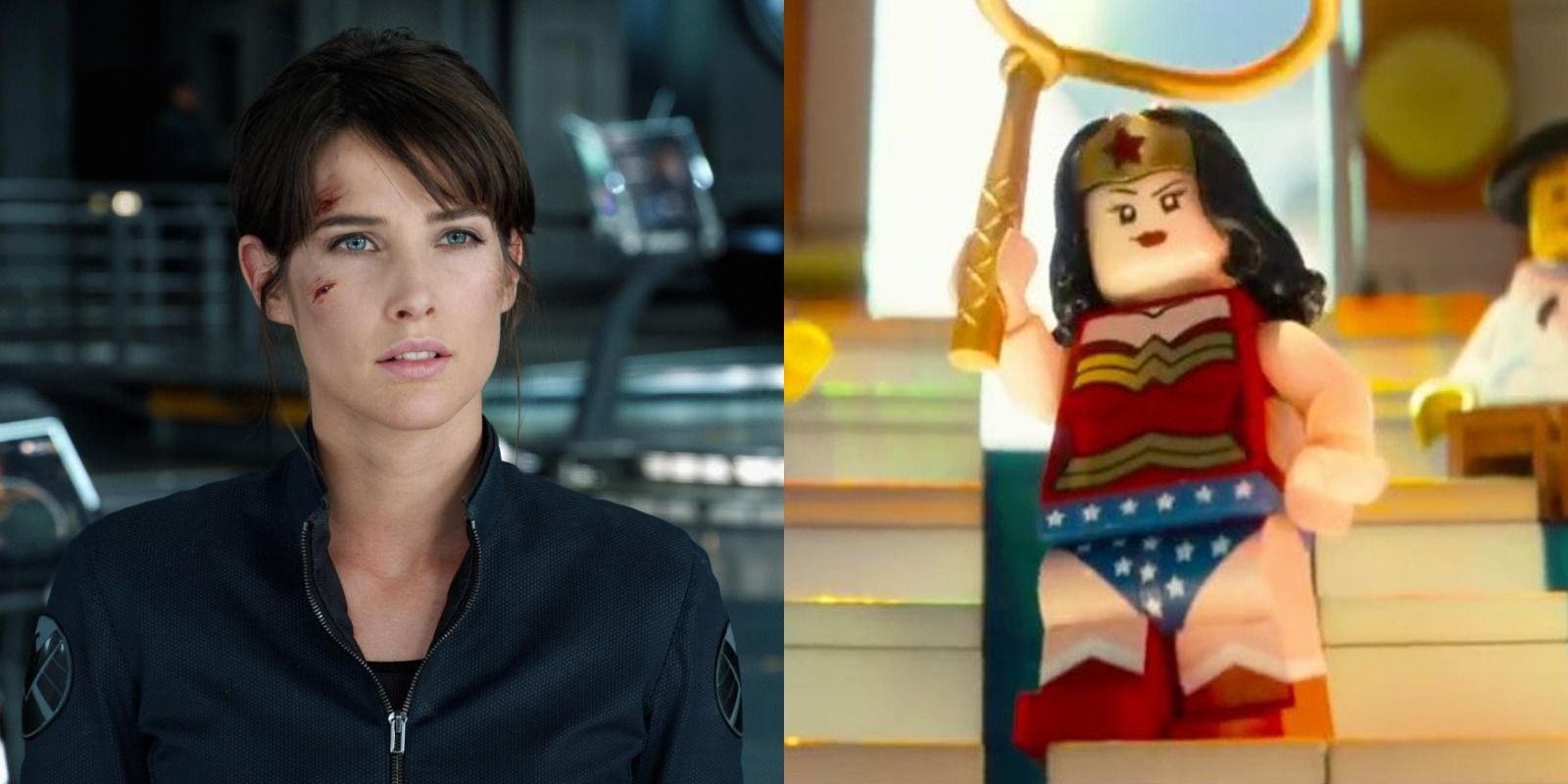 Maria Hill speaking with Nick Fury in Marvel's The Avengers and Wonder Woman wielding her Lasso Of Truth in The LEGO Movie