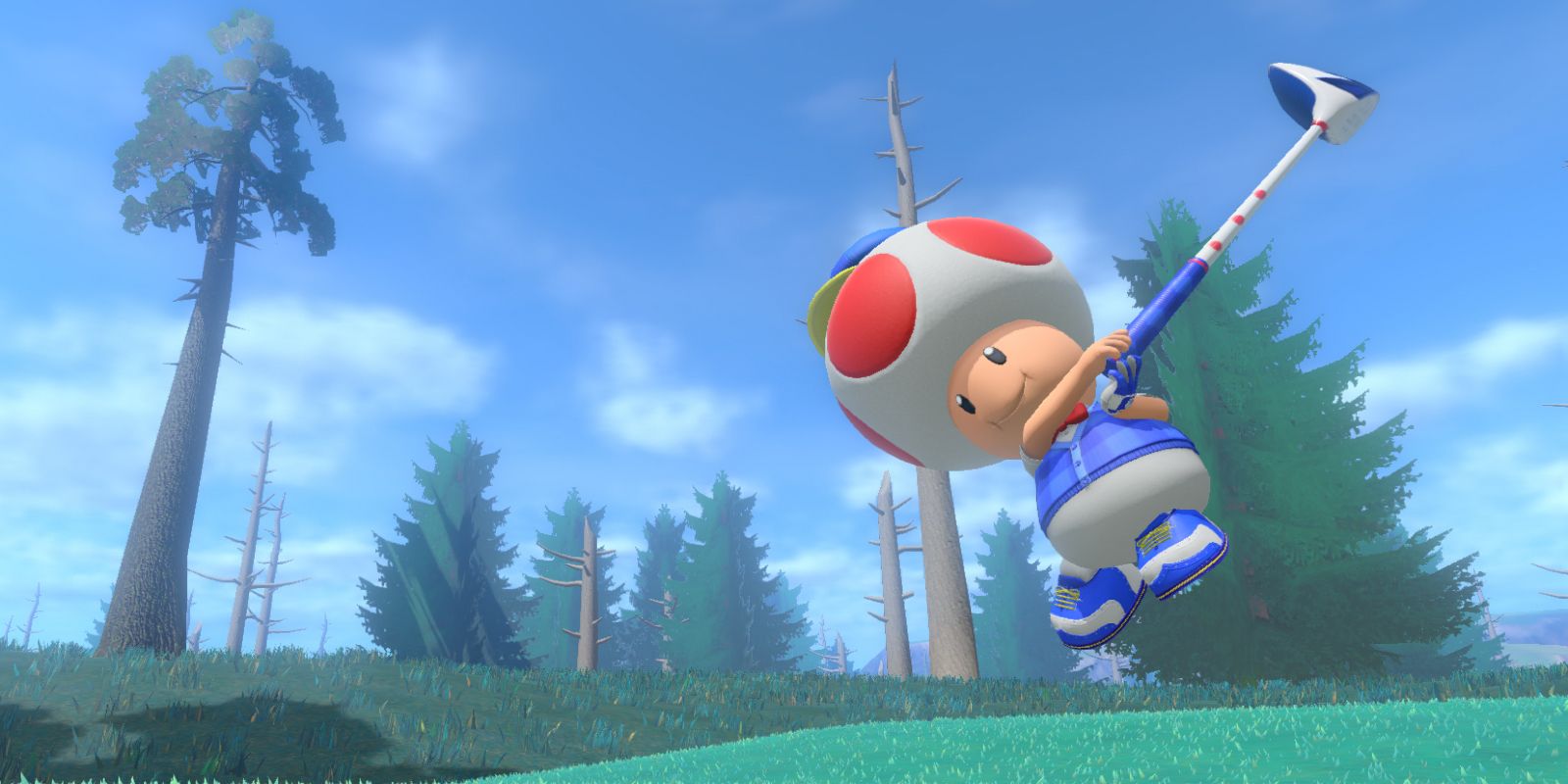 Toad swinging his golf stick in Mario Golf: Super Rush