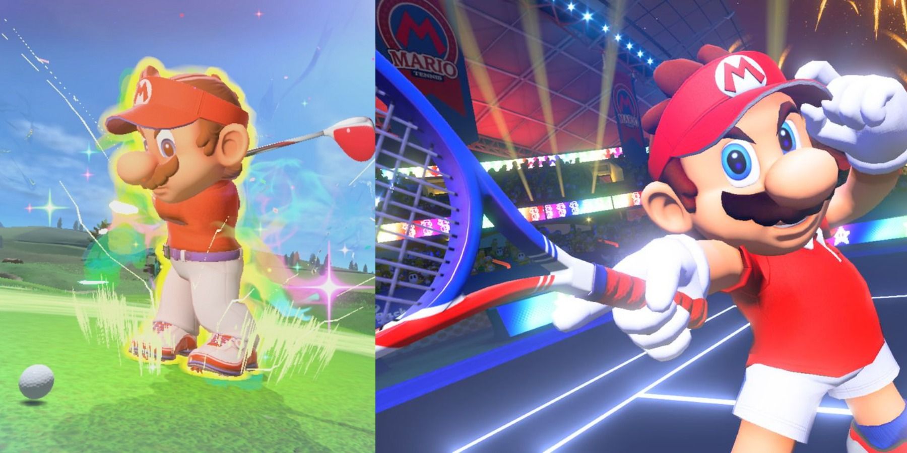Split image of Mario playing golf in Super Rush and tennis in Tennis Aces