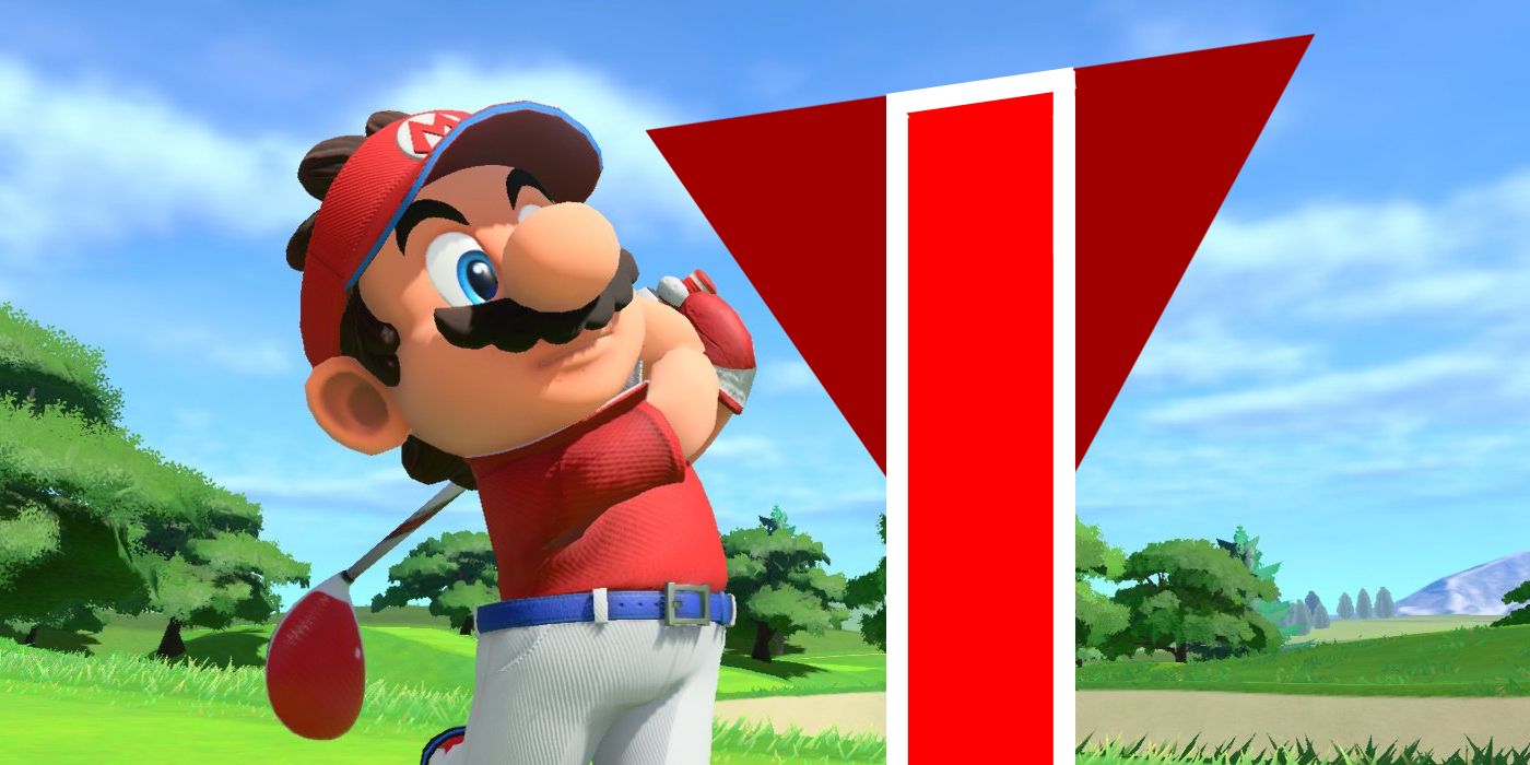 Mario preparing to take a shot with the meter displaying on the screen in Mario Golf Super Rush
