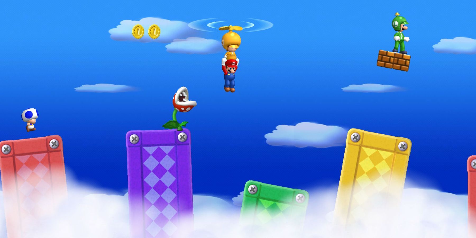 Mario, Luigi, and the Toads traversing the clouds in New Super Mario Bros Wii