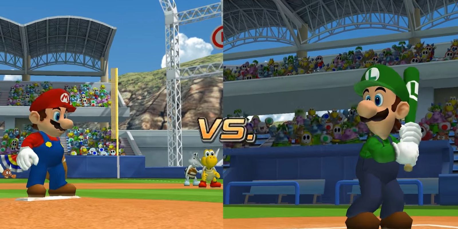 Mario in the pitching position with Luigi as the batter in Mario Superstar Baseball