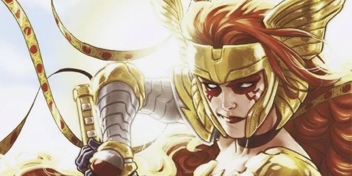 Angela of Asgard holding a sword in Marvel Comics.