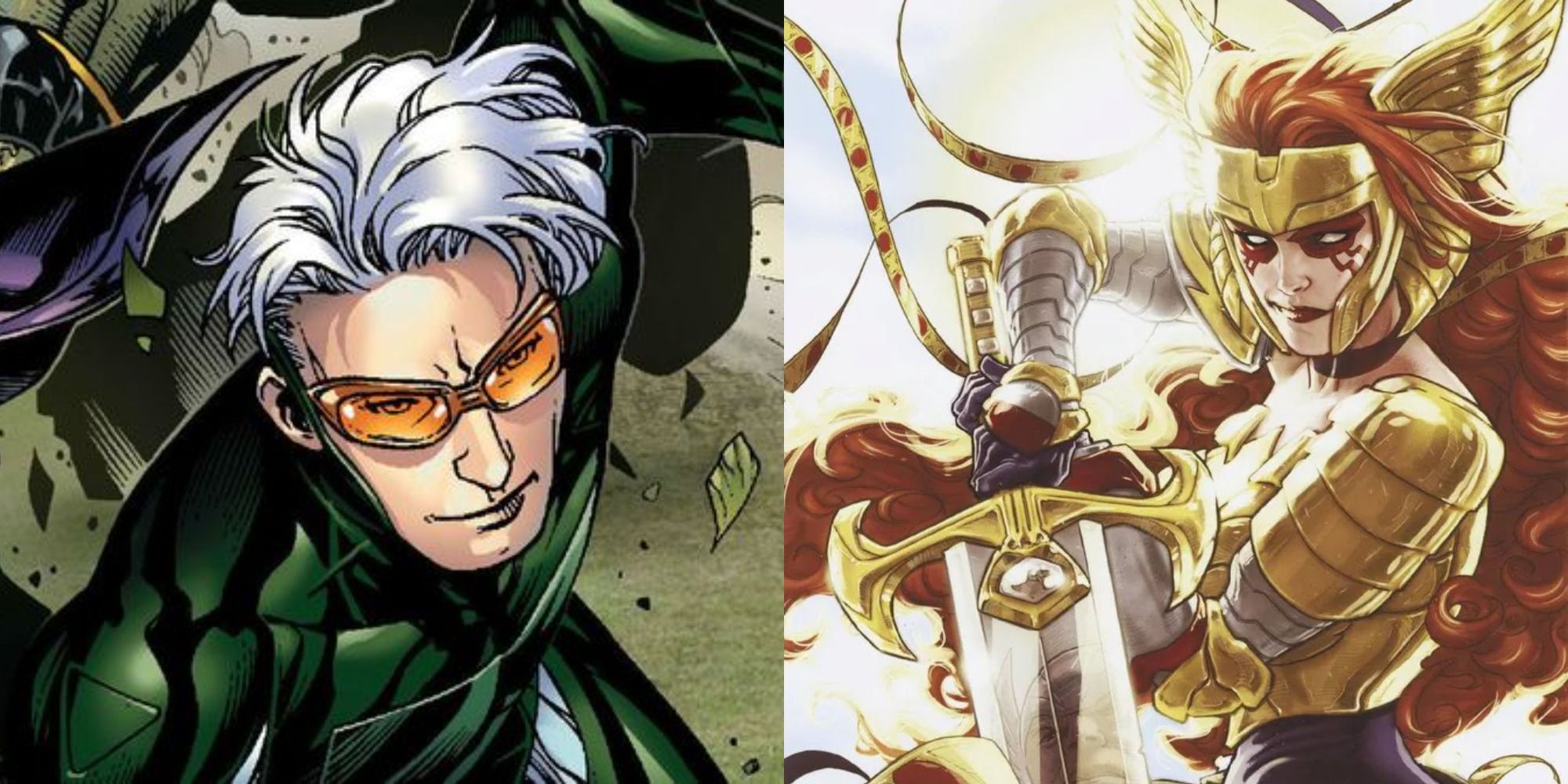 Split image showing Speed and Angela of Asgard in Marvel Comics