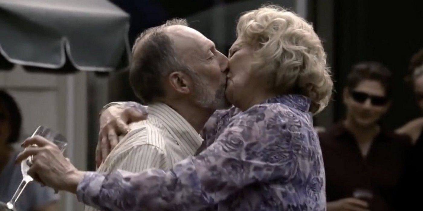 Mary and Hugh DeAngelis kissing in The Sopranos