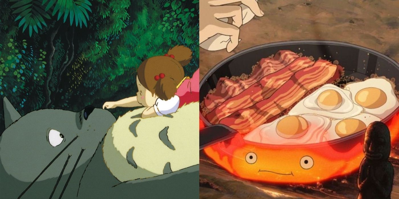 Split image of Mei with Totro and Calcifer cooking breakfast