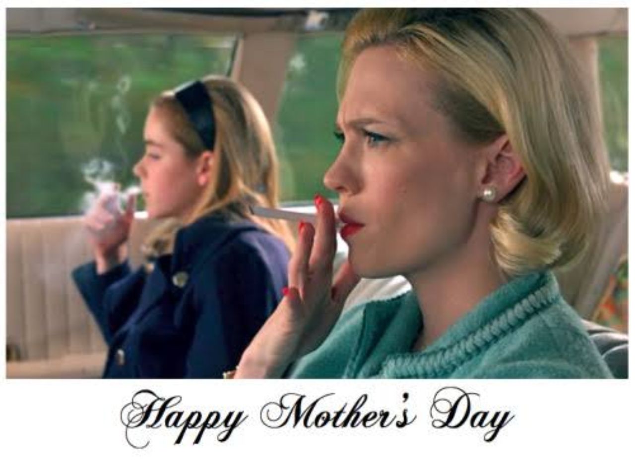 Meme featuring Betty and Sally Draper while smoking cigarettes in a car