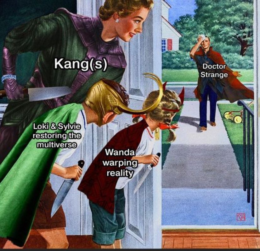 Meme featuring Doctor Strange as a man walking home while a woman and children greet him dressed up as Kang, Loki, and Wanda