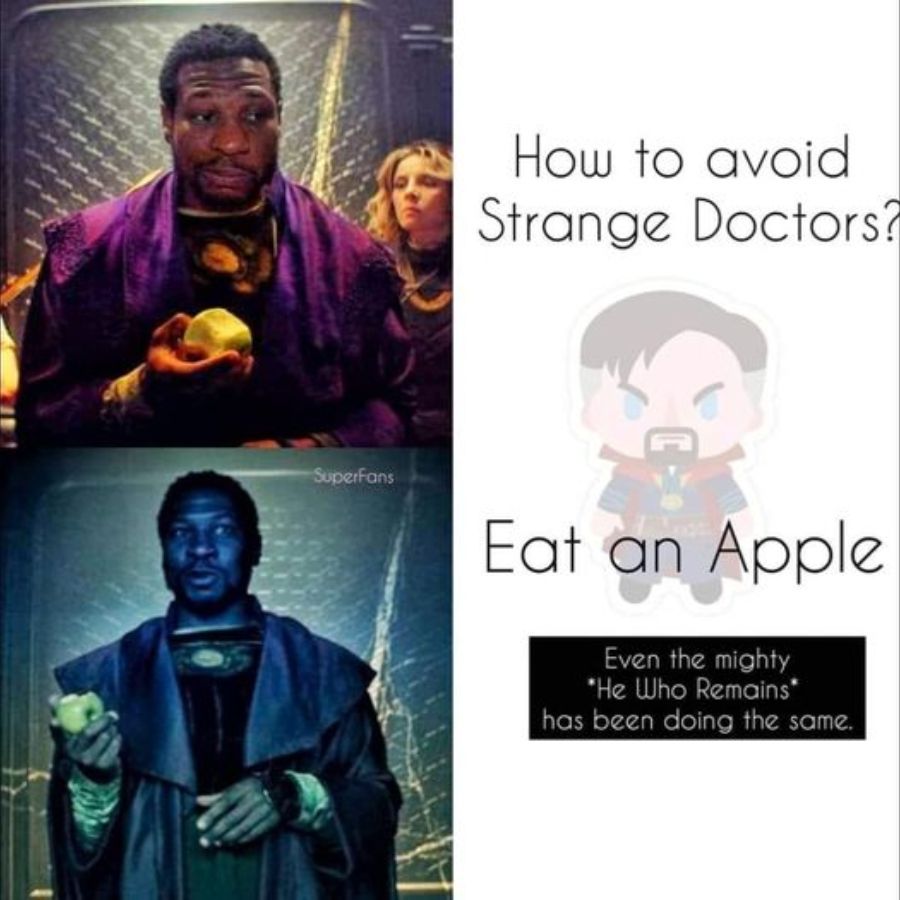 Meme featuring He Who Remains eating an apple