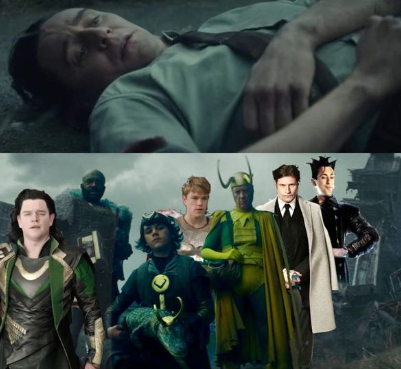 Meme featuring Loki looking at his Variants along with versions of Loki from other films