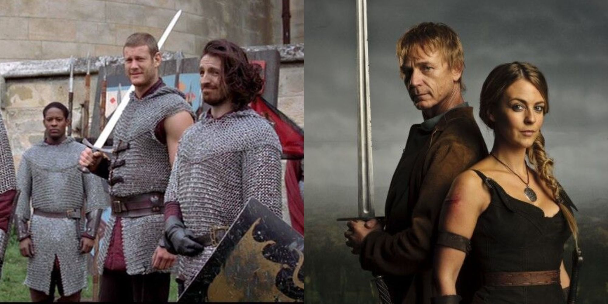 Split image showing Elyan. Percival, and Gwaine during drills, and Tristan and Isolde posing