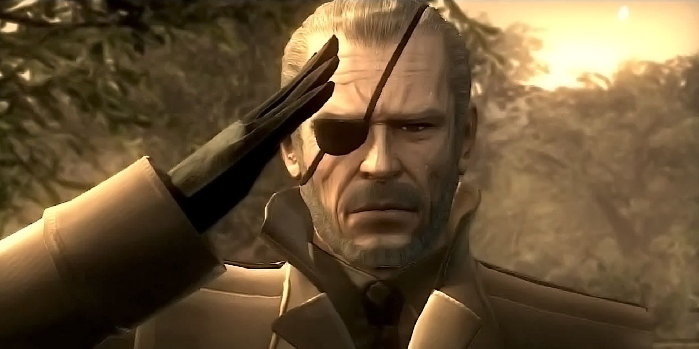 Um idoso Big Boss saúda o túmulo de The Boss em Metal Gear Solid 4