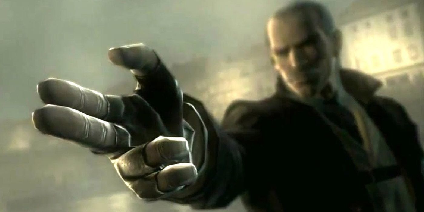 Liquid Ocelot making a gun gesture with his hand in Metal Gear Solid 4