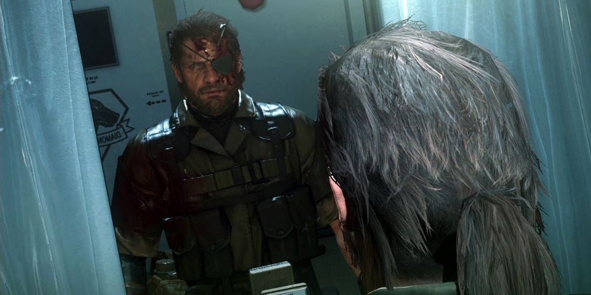 Venom Snake stares at his reflection in Metal Gear Solid