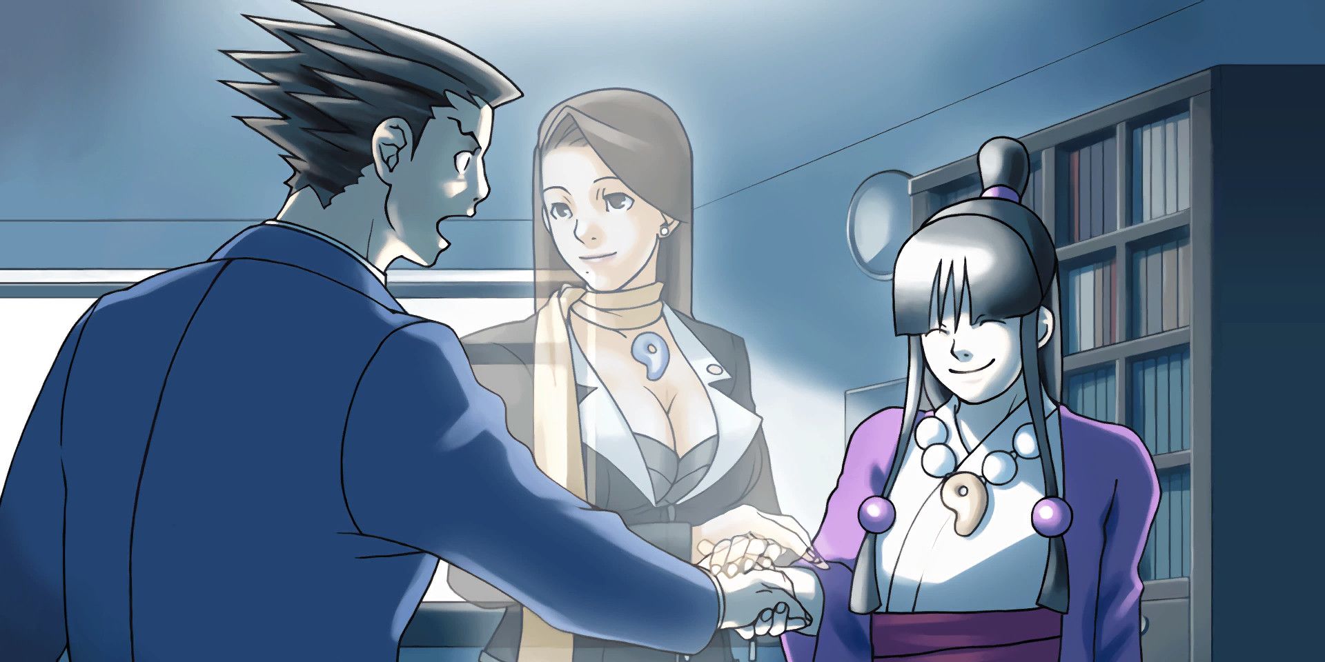 Mia's spirit watches over Phoenix and Maya in Ace Attorney