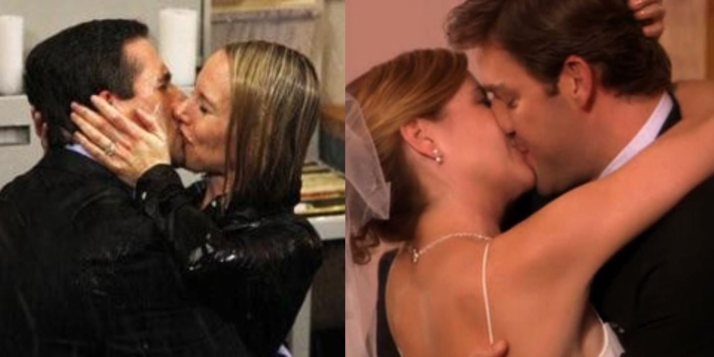 Michael and Holly from The Office kissing next to an image of Jim and Pam kissing