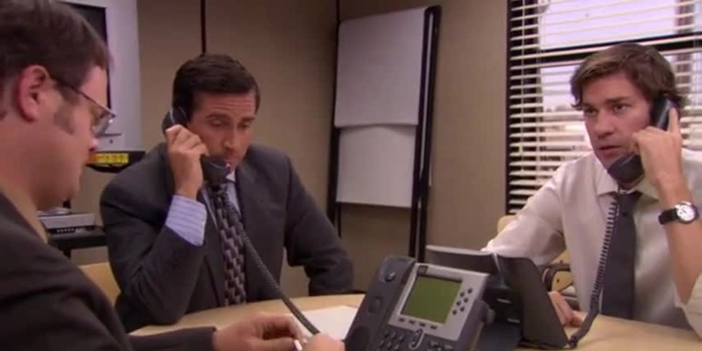Michael help Jim and Dwight at work on The Office