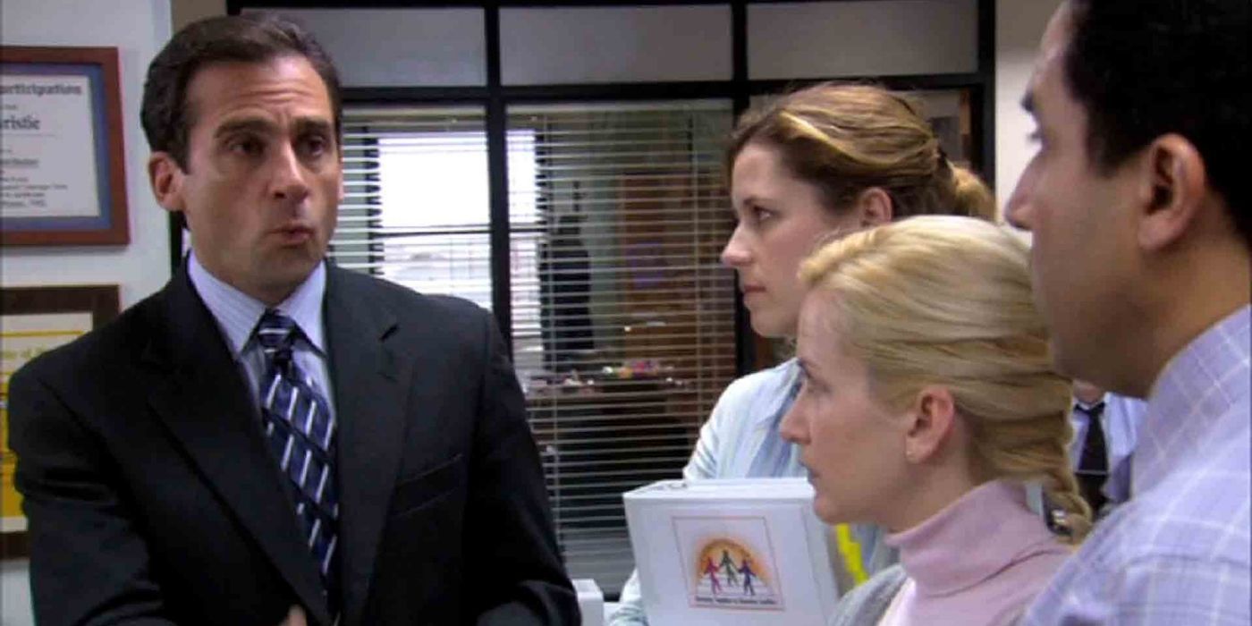 Michael (Steve Carell) talking to the office in "Conflict Resolution"