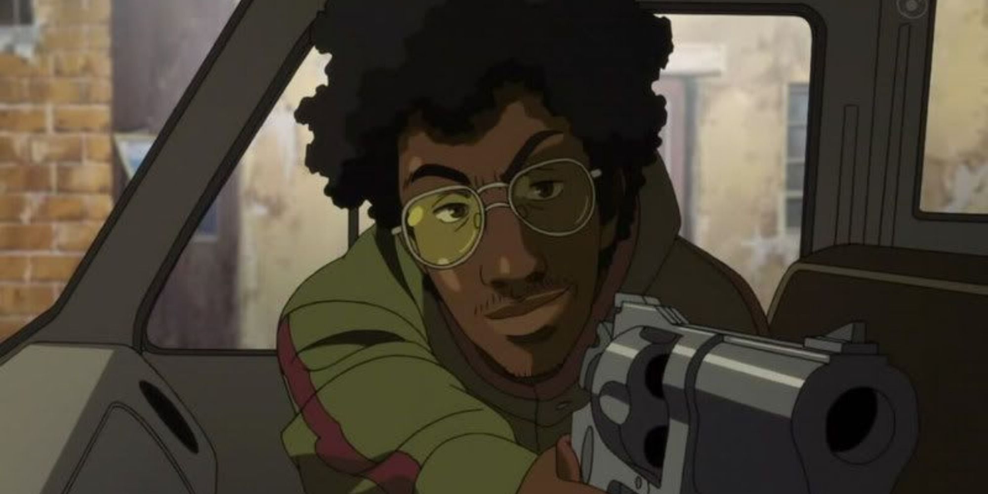 Satoshi pointing a gun at someone in the Michiko & Hatchin anime