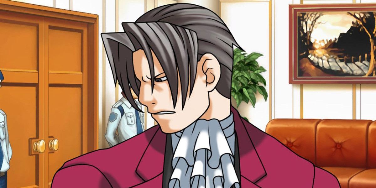 Miles Edgeworth looking down and away in Ace Attorney.