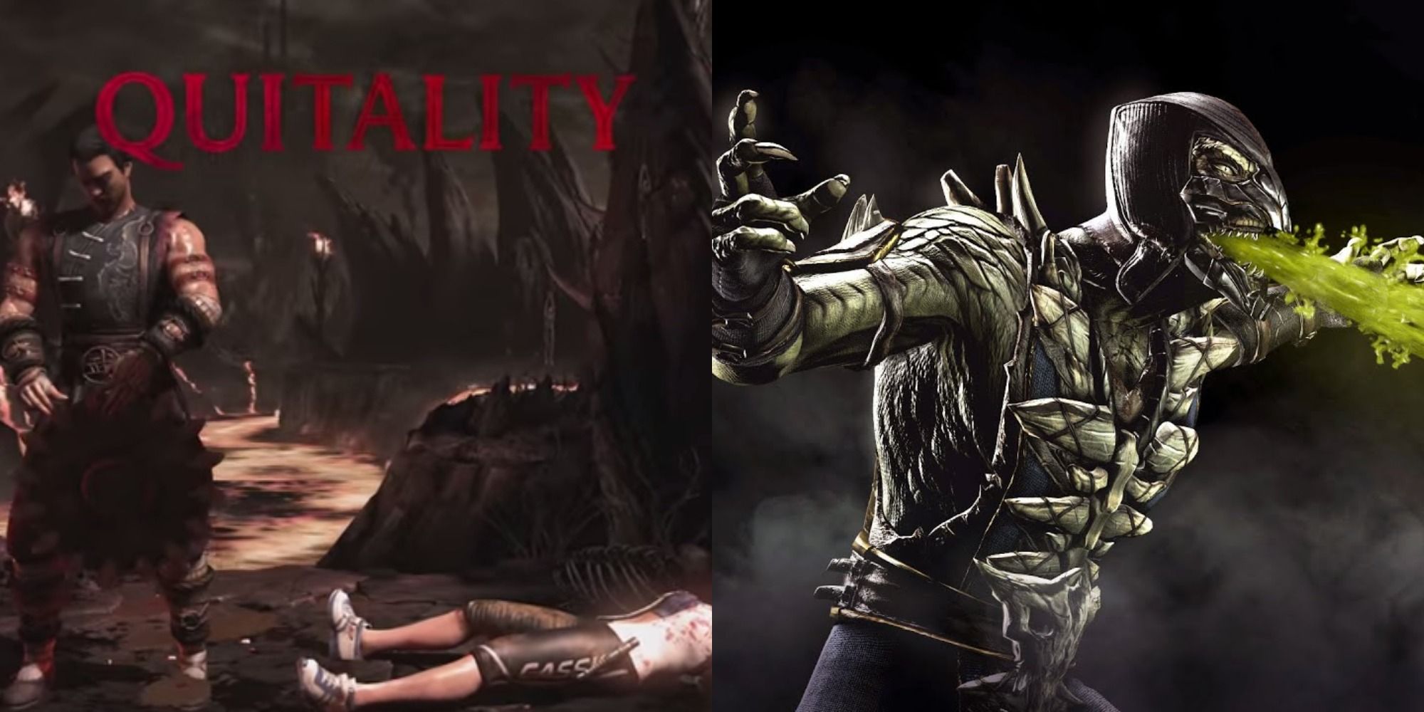 Split image showing a Quintality and Reptile spitting vile in Mortal Kombat