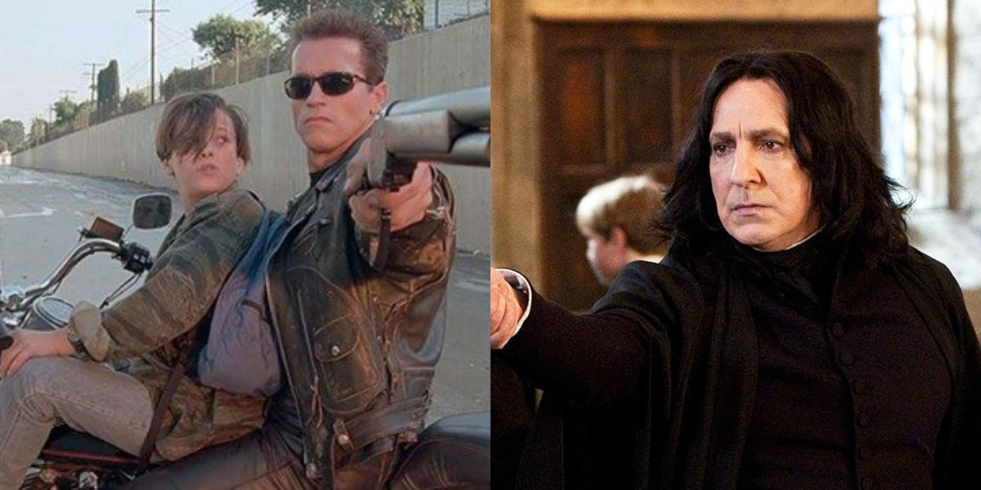 A split image of the T-800 and John Connor in Terminator and Snape in Harry Potter