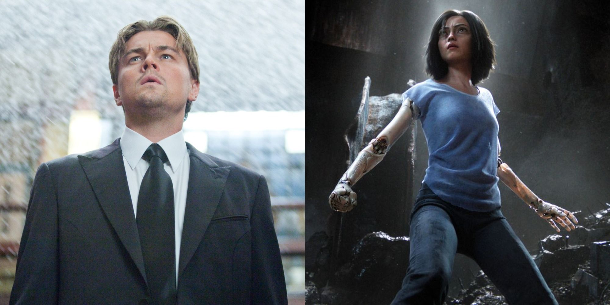 Split image showing Leonardo DiCaprio in Inception and Rosa Salazar in Alita Battle Angel
