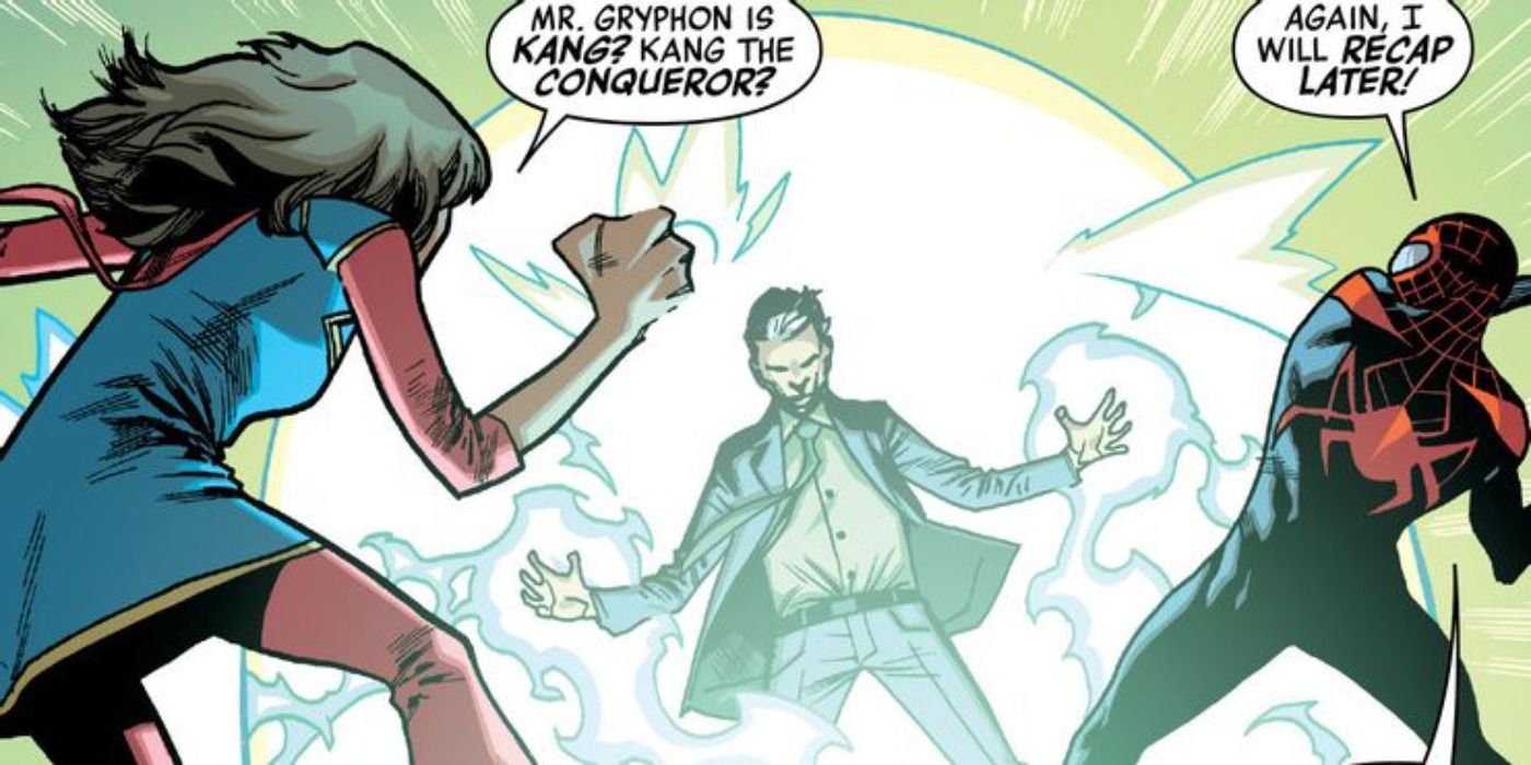 Mr. Gryphon Kang attacks Kamala Khan and Miles Morales in Marvel Comics.