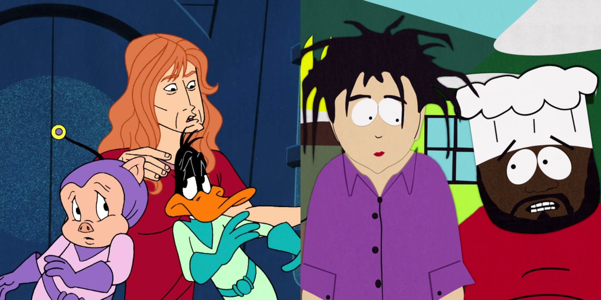 Split image of Dave Mustaine in Duck Dodgers and Robert Smith in South Park