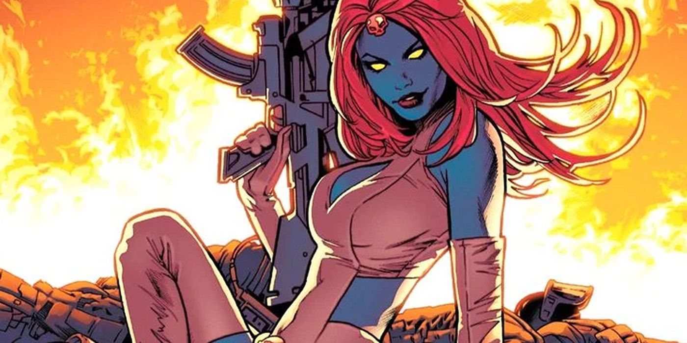 Mystique sitting down and holding a machine gun in Marvel Comics.
