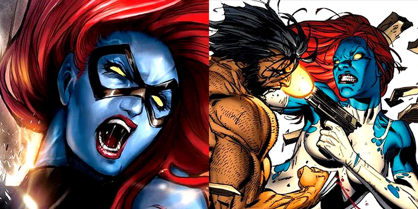 Split image of Mystique, and Mystique fighting Wolverine