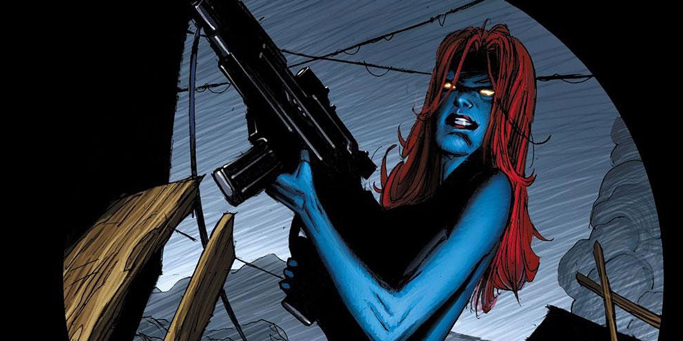 Mystique brandishing a rifle in the comics.