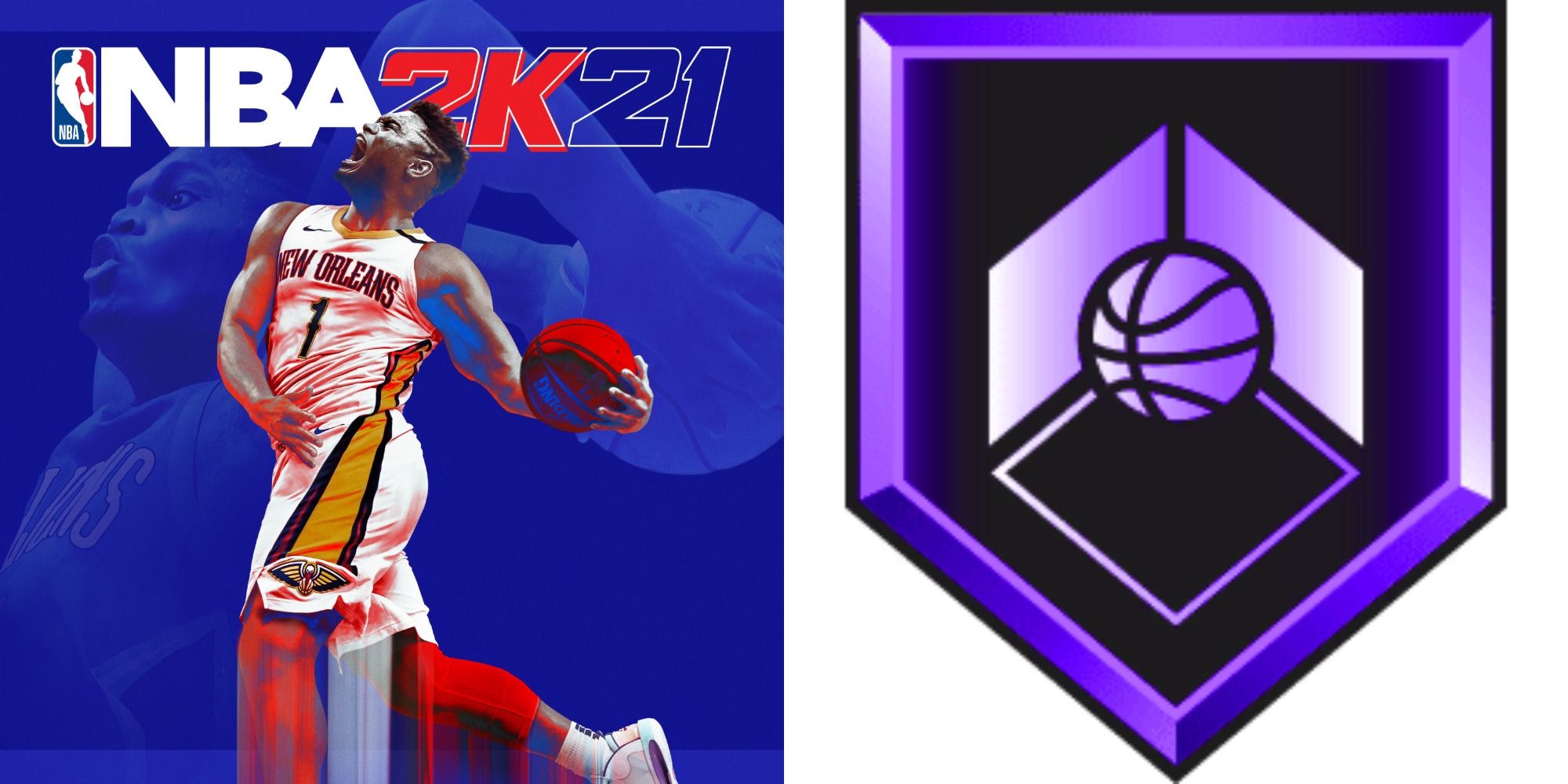 Split image showing the cover of NBA 2K21 and the Corner Specialist Badge