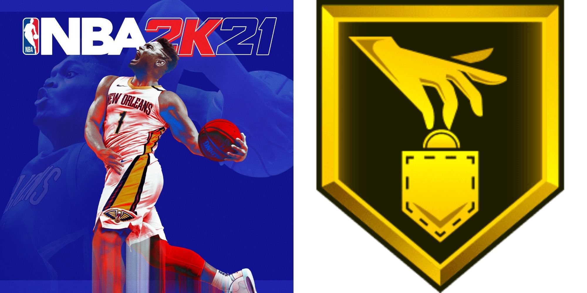 Split image of the NBA 2K21 cover and The Pick Pocket Badge