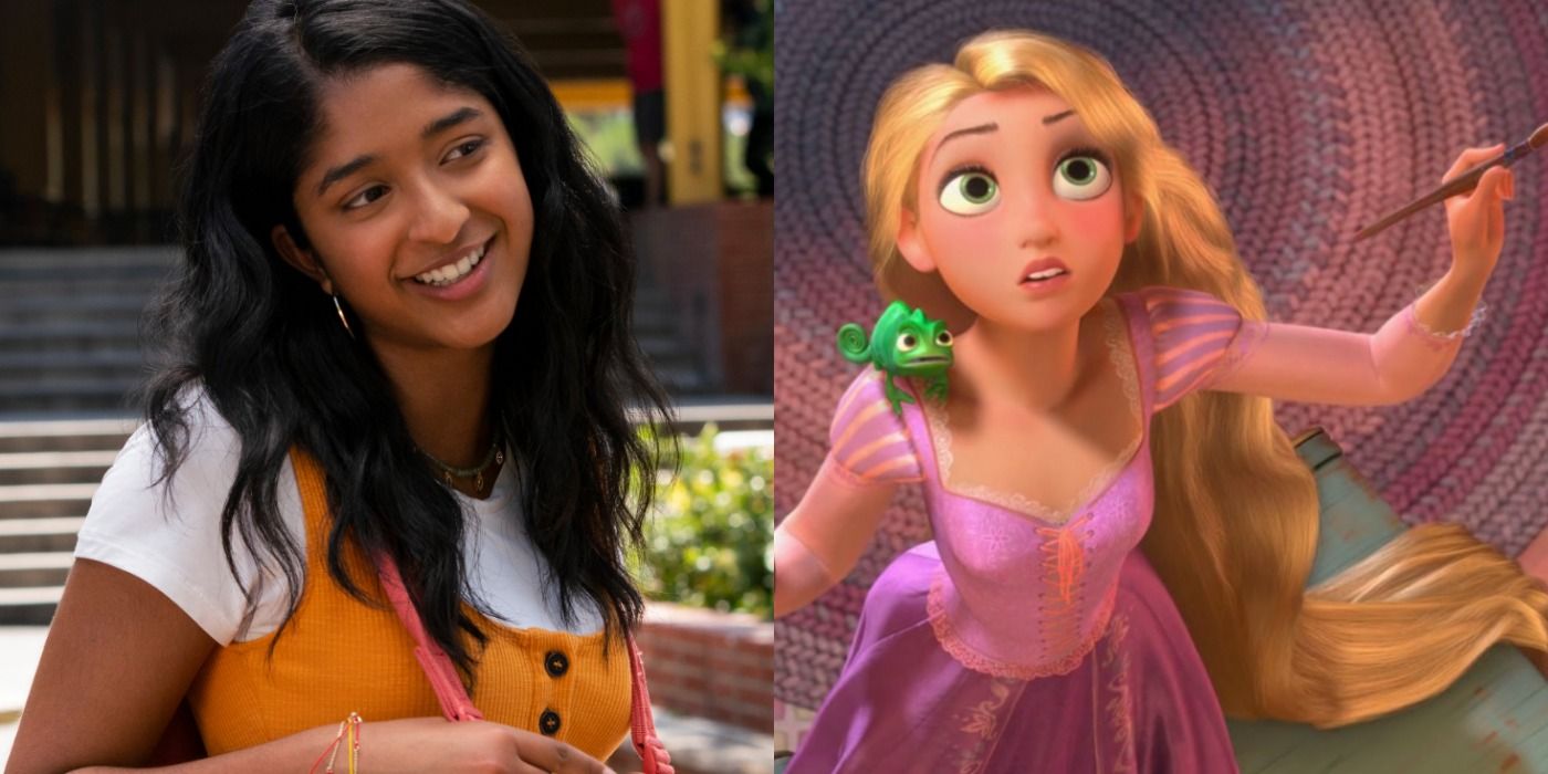 A split image depicts Devi in Never Have I Ever and Rapunzel in Tangled