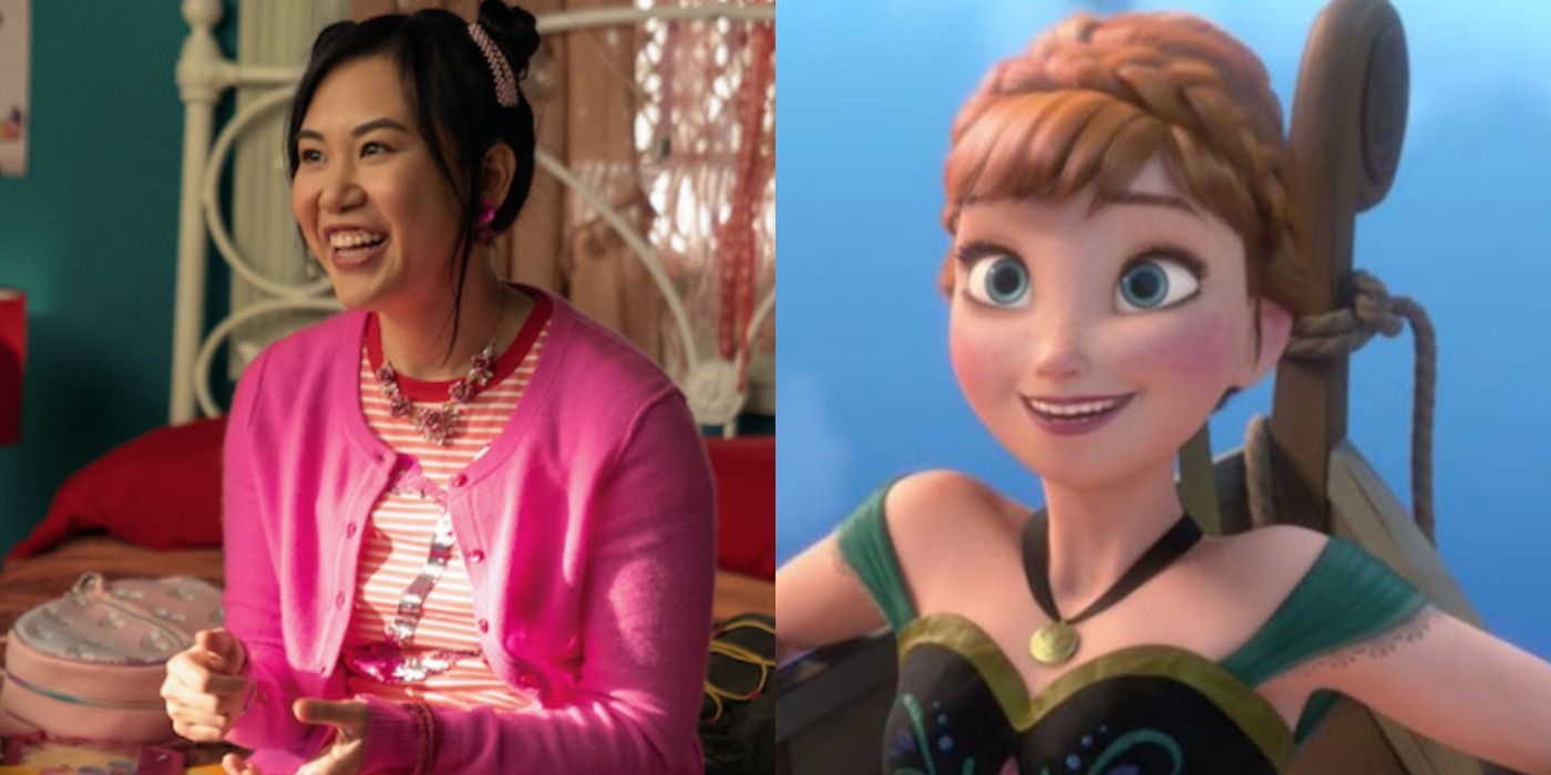 A split image depicts Eleanor in Never Have I Ever and Anna in Frozen
