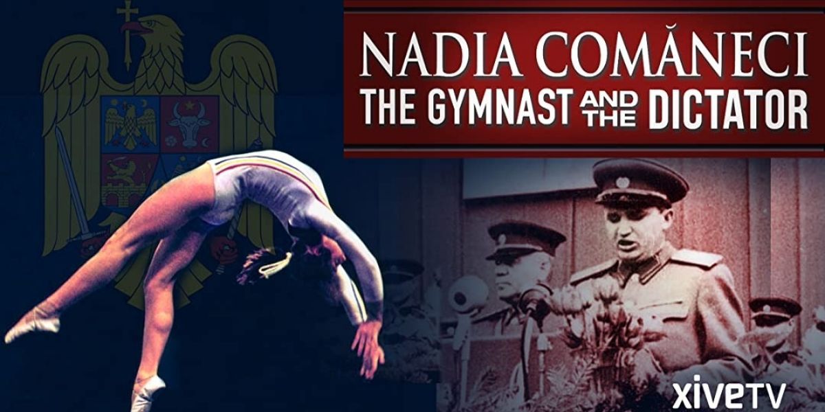 A split image of Nadia Comaneci performing and Nicoleau Ceausescu giving a speech