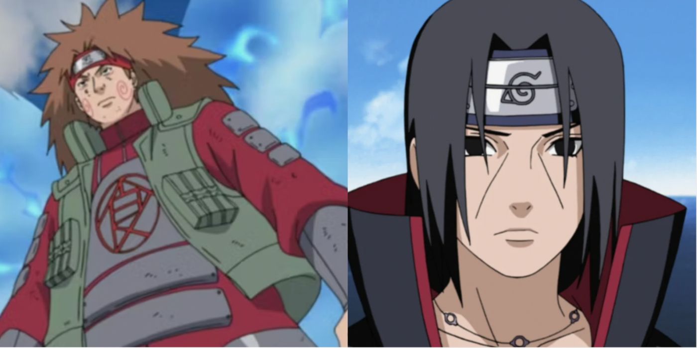 A split image features Naruto characters Choji and Itachi