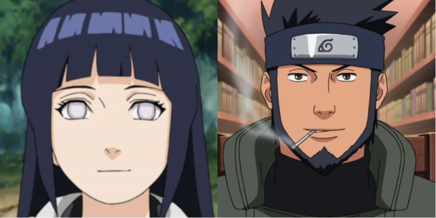 A split image features Naruto characters Hinata and Asuma