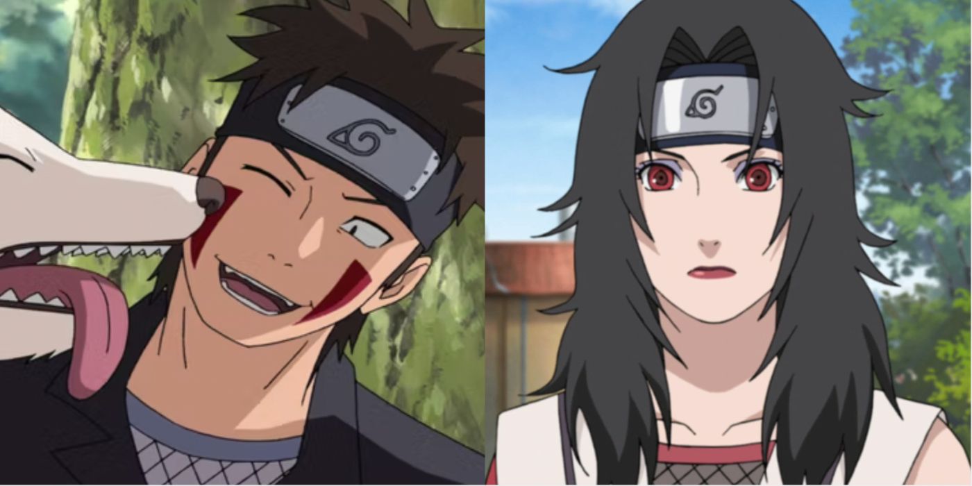 A split image features Naruto characters Kiba and Kurenai