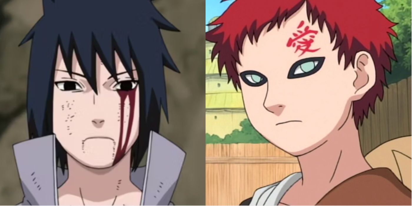 A split image features Naruto characters Sasuke and Gaara