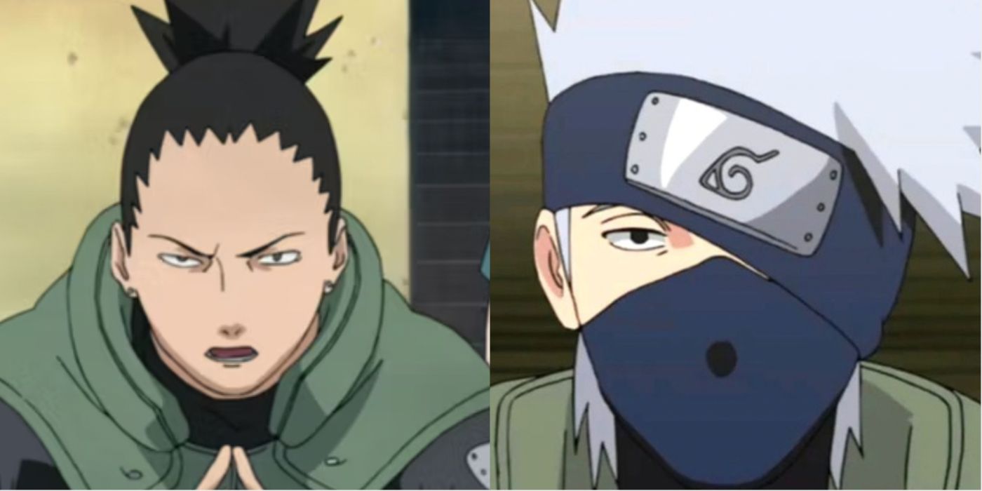 A split image features Naruto characters Shikamaru and Kakashi
