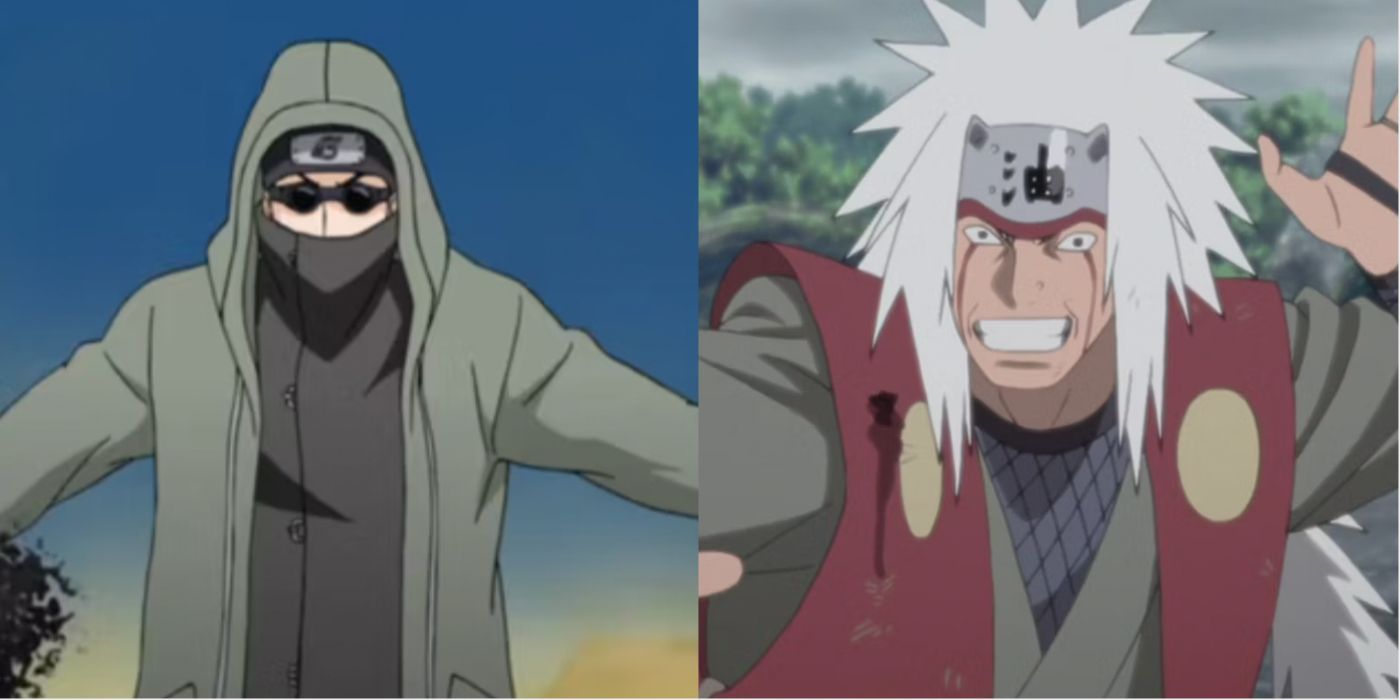 A split image features Naruto characters Shino and Jiraiya