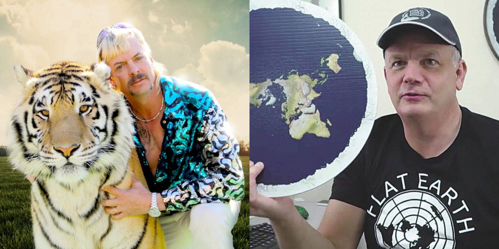 Split image of Joe Exotic in Tiger King and a flat earther in Behind the Curve