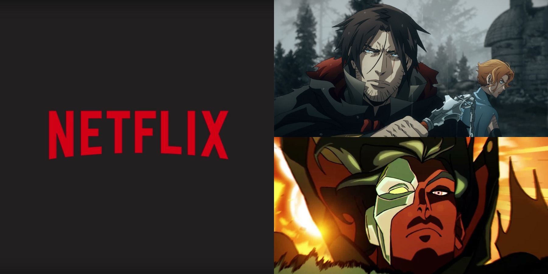 Netflix's logo, a still from Castlevania season 4 and a preview shot from Captain Laserhawk
