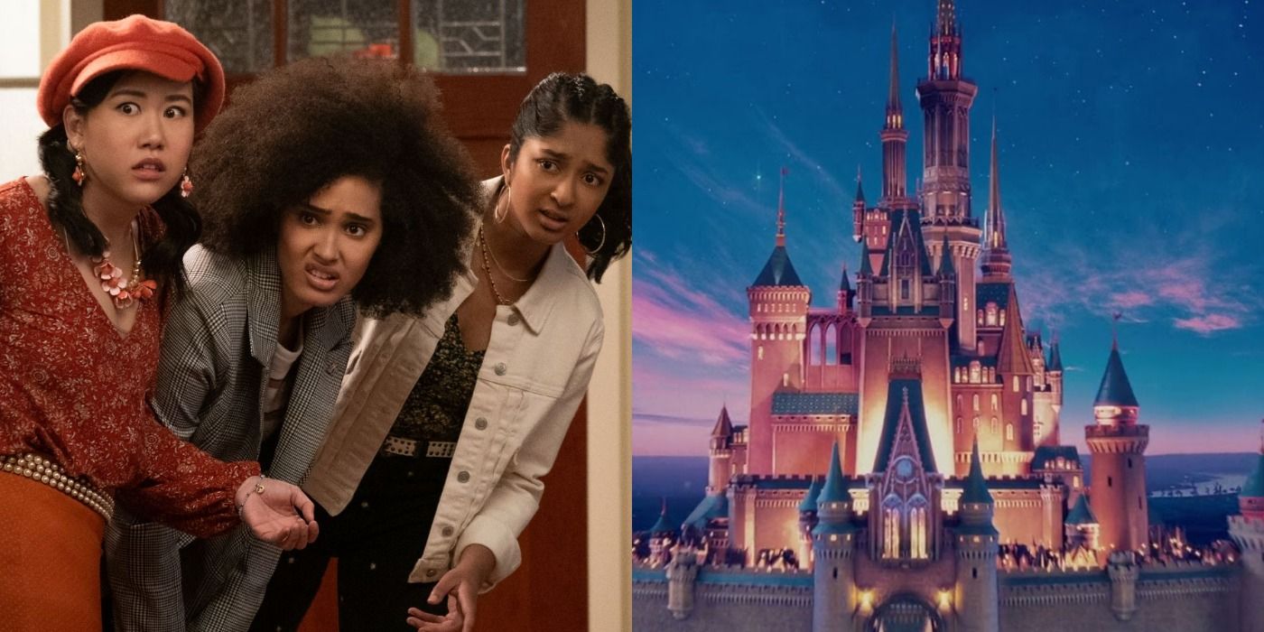 A split image depicts Eleanor, Fabiola, and Devi in Never Have I Ever alongside the Disney castle logo