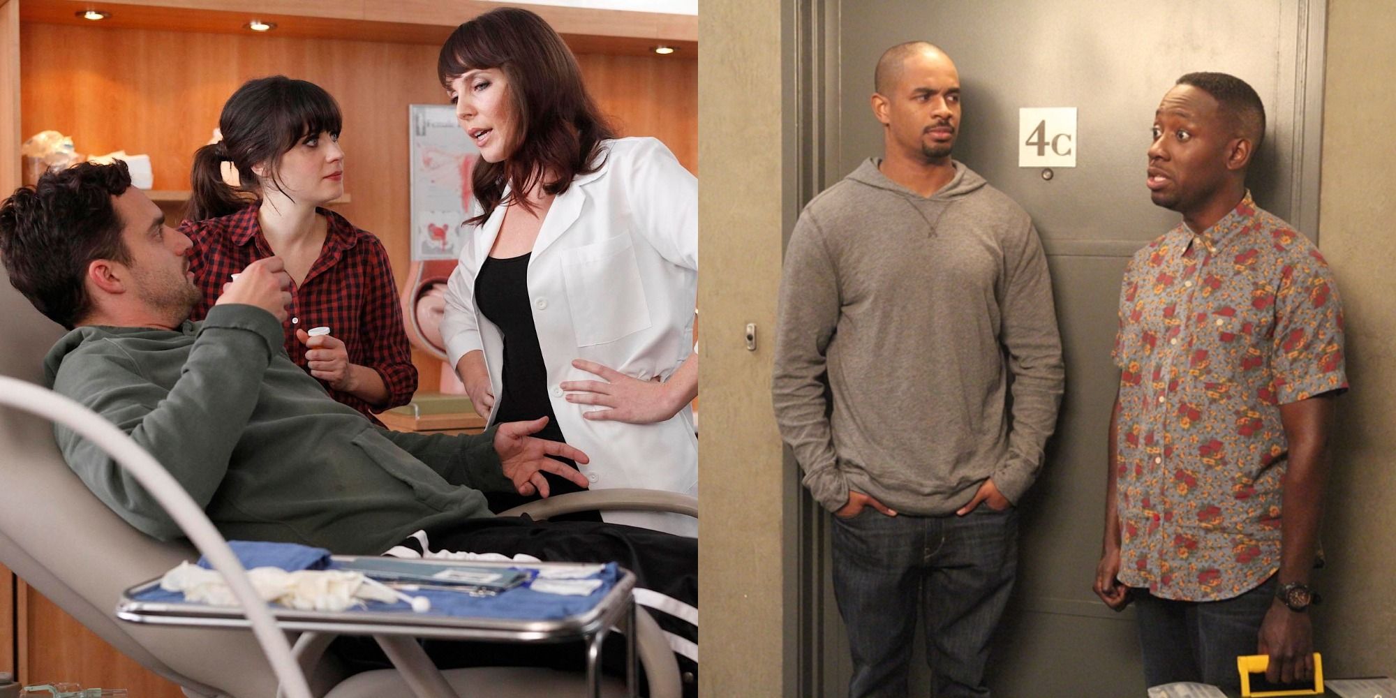 Split image of Nick gets an ultrasound and Coach standing with Winston in New Girl