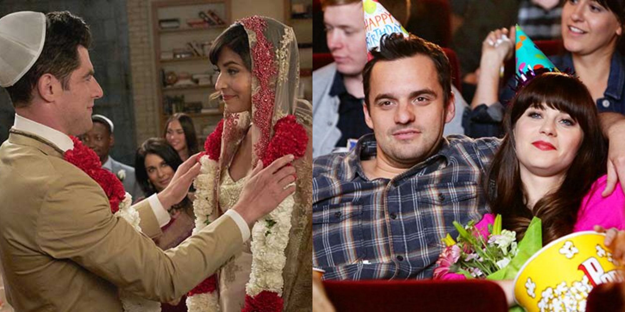 Split image of Schmidt marrying Cece and Jess sitting with Nick