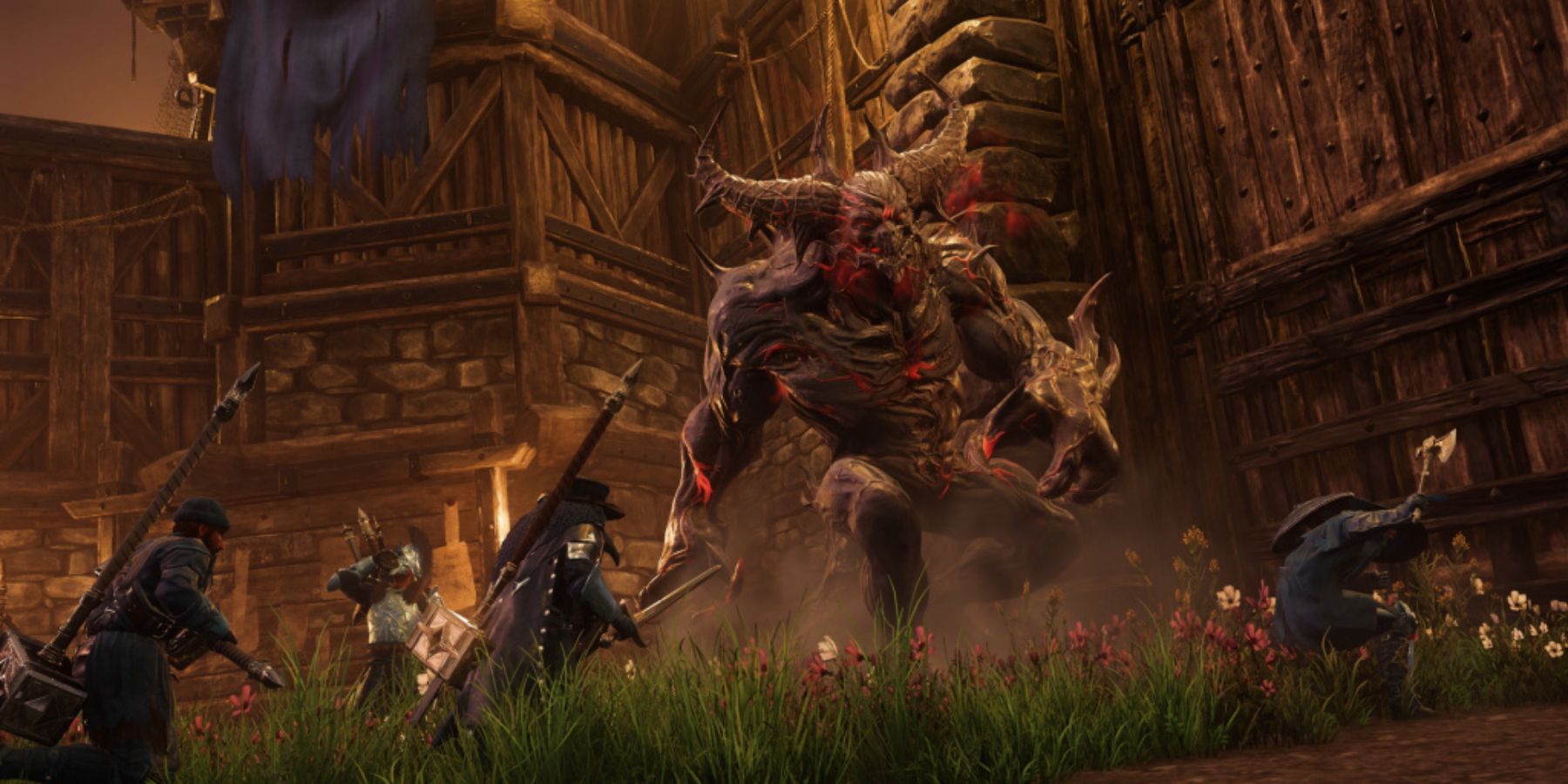 Players fighting one of the larger bosses in New World
