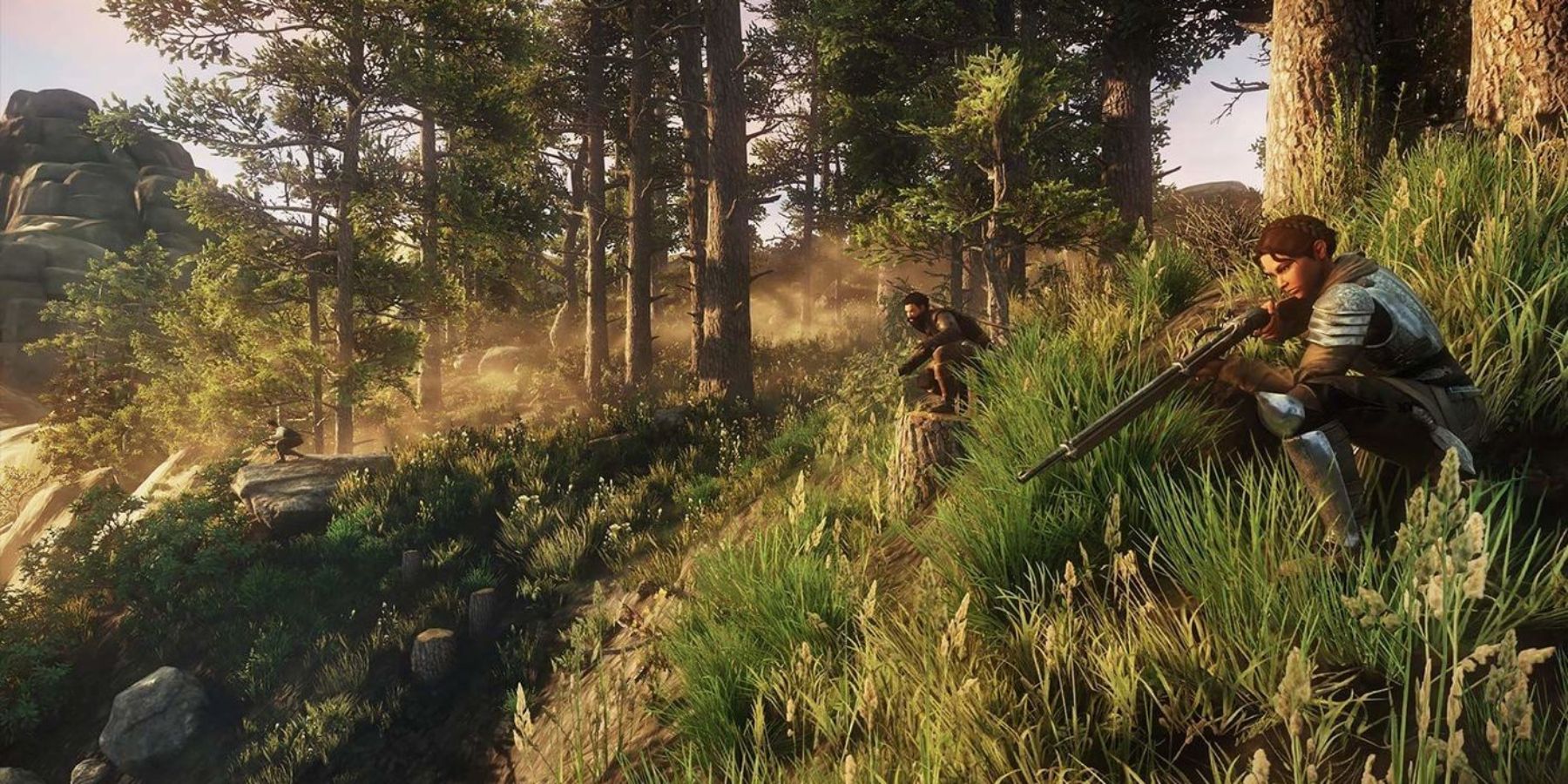 3 players crouching in the wilderness while holding rifles